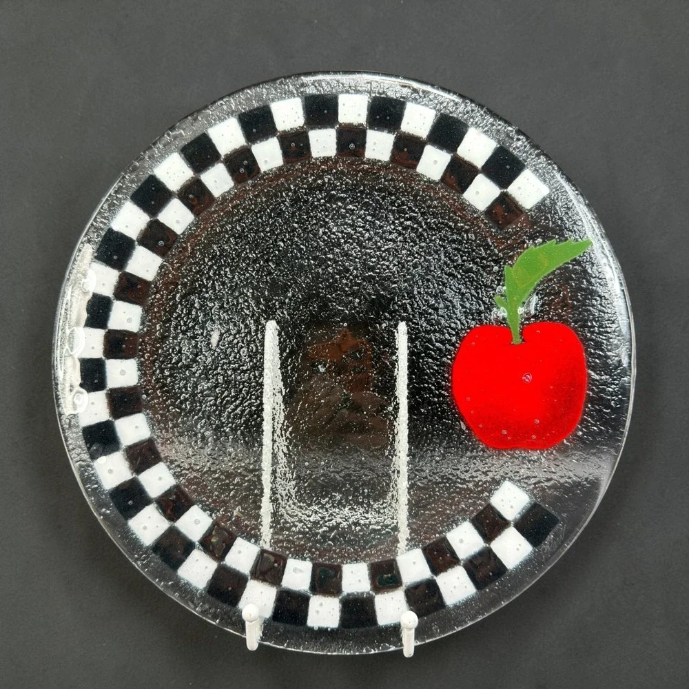 Peggy Karr Fused Glass Platter Black‎ White Checkerboard Apple Serving Tray 11